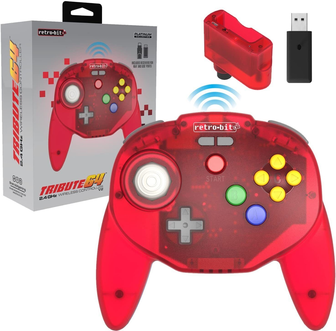 Tribute 64 2.4 GHz Wireless Controller V2 (Red) (Retro-bit)