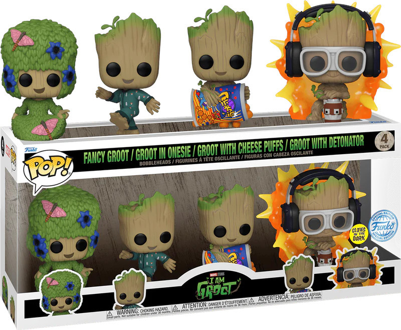 Marvel: I Am Groot Funko Pop Vinyl 4-pack: Facy Groot, Groot in Onesie, Groot with Cheese Puffs, Groot with Detonator