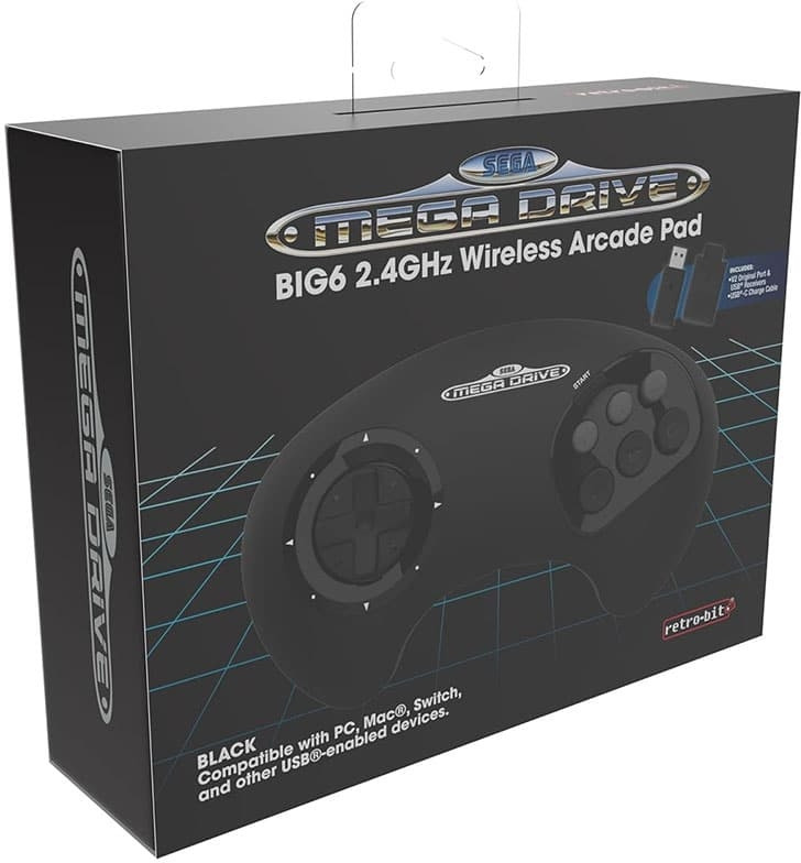 Retro-Bit – SEGA Mega Drive BIG 6 Wireless 2.4GHz Arcade Pad (Black)