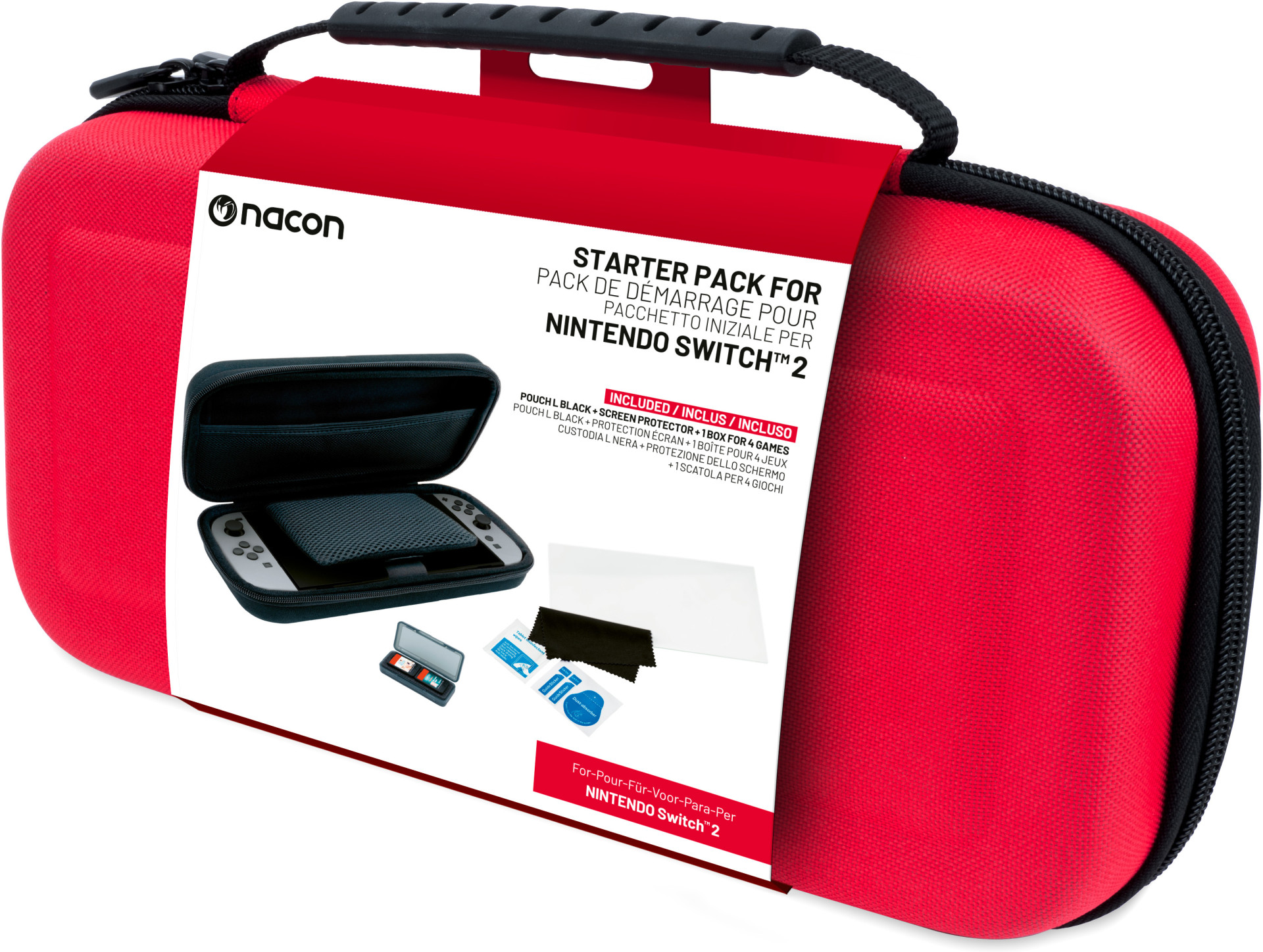 Nacon Switch 2 Starter Pack – Pouch (Red) + Screen Protector + Game Cases