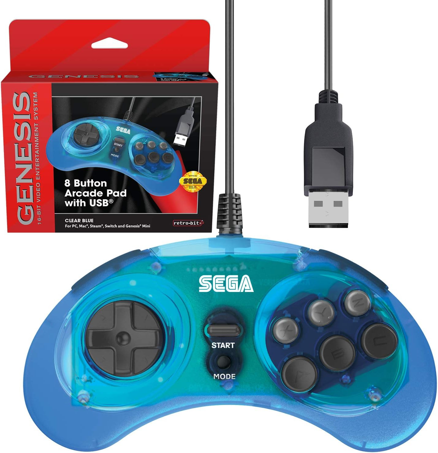 Retro-Bit – SEGA Genesis 8-Button Arcade Pad with USB (Clear Blue)
