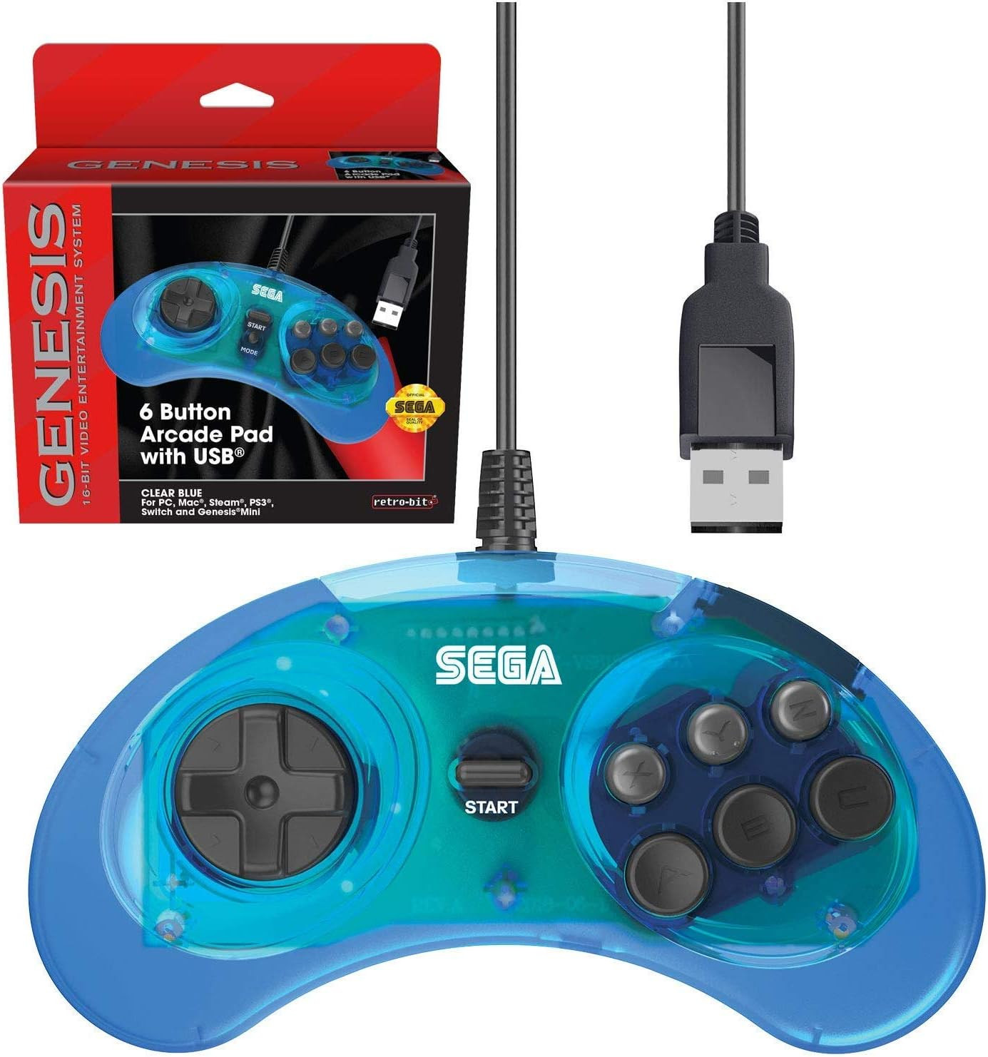 Retro-Bit – SEGA Genesis 6-Button Arcade Pad with USB (Clear Blue)